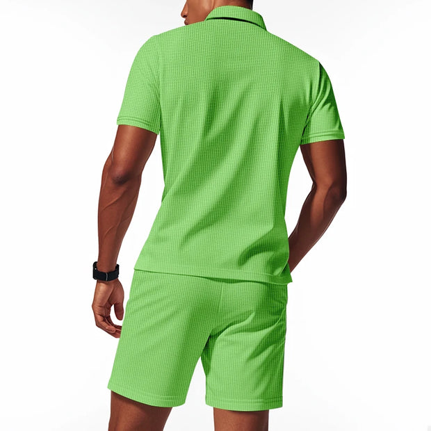 Men's Summer Sports Solid-Color Set, Quarter-Zipper Set, 2-Piece Beach Vacation Set, Men's Fashionable Casual Workwear Set.
