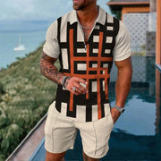 Men's Summer suit  Polo Tracksuit Set  Men Short Sleeve Zipper Polo t-Shirt and Shorts Set  2 Piece Suit  for boy with shorts