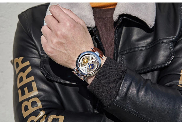 New Fashion Hollow Automatic Mechanical Watches Men Business Casual Leather Skeleton Tourbillon Wrist Watch Relogio Masculino