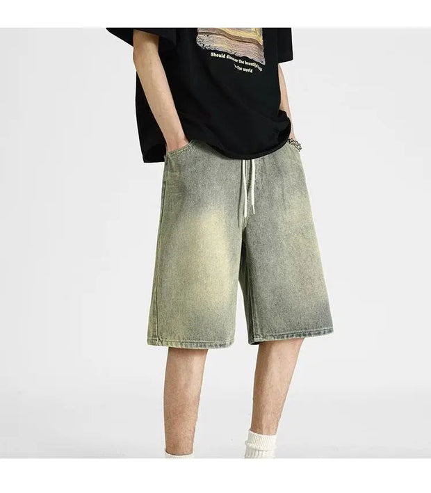 Men's denim shorts, men's 2025 summer thin style retro loose American fashion brand casual five inch mid length pants