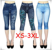 Women Print Imitation Denim Leggings Skinny Stretchy Cropped Pants Outdoor Jogging Walking Fashion High Waist Leggings