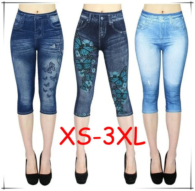 Women Print Imitation Denim Leggings Skinny Stretchy Cropped Pants Outdoor Jogging Walking Fashion High Waist Leggings