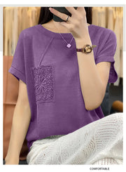 Women's T-shirt Spring/Summer Worsted Cotton Knitwear Casual Solid Color Ladies' Tops Loose Round Neck Blouse Pullover Tees
