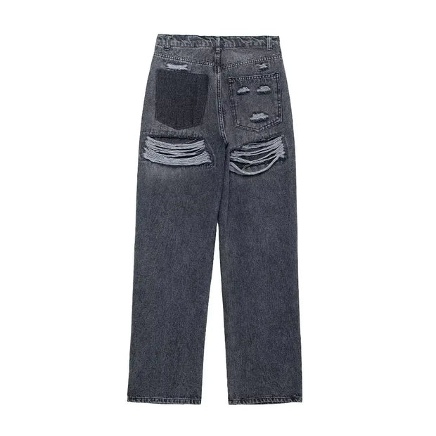 TRAFZA Jeans For Women 2024 Denim Solid Loose Zipper Fly Female Hole Trouser Pockets Wild Basic Commute Woman Wide Leg Long Pant