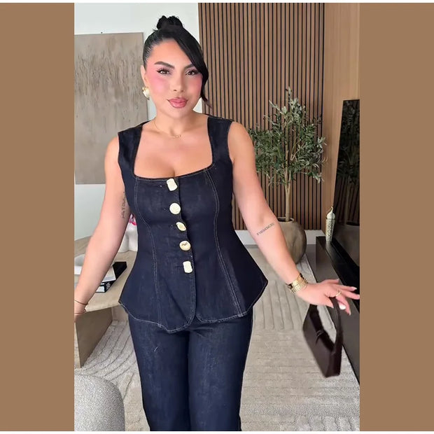 Vintage Women's Denim Sleeveless Set Crop Top With Chic Buttons Matching High Waist Slim Fit Jeans Casual Streetwear Outfits