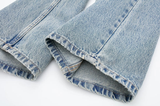 TRAFZA Jeans For Women 2024 Denim Solid Loose Zipper Fly Female Hole Trouser Pockets Wild Basic Commute Woman Wide Leg Long Pant