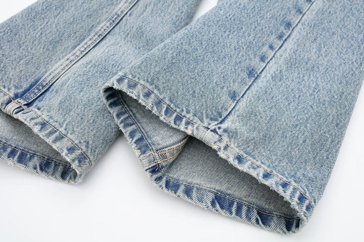 TRAFZA Jeans For Women 2024 Denim Solid Loose Zipper Fly Female Hole Trouser Pockets Wild Basic Commute Woman Wide Leg Long Pant