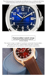 OBLVLO Trend Luxury Rose Gold Diamond Date Mechanical Automatic Watches For Men Blue Silicone Strap Waterproof Sport Watch FM-SL