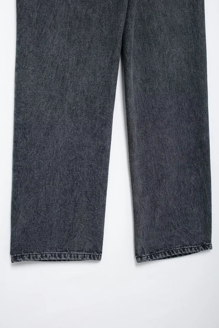 TRAFZA Jeans For Women 2024 Denim Solid Loose Zipper Fly Female Hole Trouser Pockets Wild Basic Commute Woman Wide Leg Long Pant
