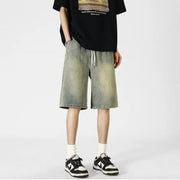 Men's denim shorts, men's 2025 summer thin style retro loose American fashion brand casual five inch mid length pants