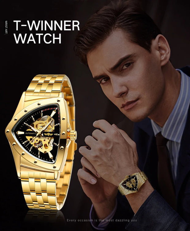 Winner Military Triangle Steel Skeleton Automatic Movement Man Watch Sports Mechanical Watches Luxury Waterproof Silicone Strap