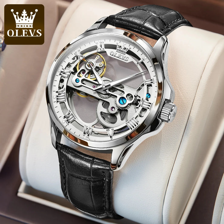 OLEVS 6661 Fully Hollow Automatic Man Watch Fashion Leather Strap Waterproof Luminous Hand Clock Men's Mechanical Wristwatches