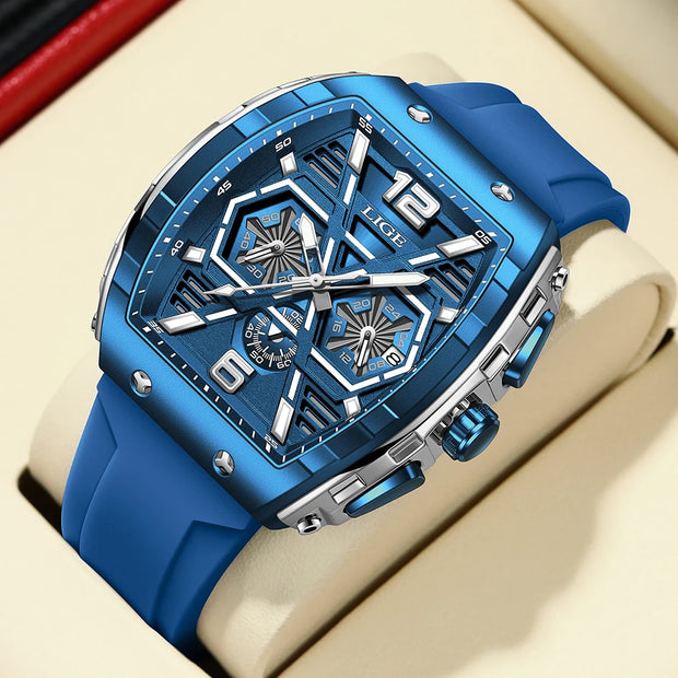 LIGE Mens Watches Top Brand Luxury Square Silicone Watch For Men Fashion Military Quartz Waterproof Chronograph Montre Homme