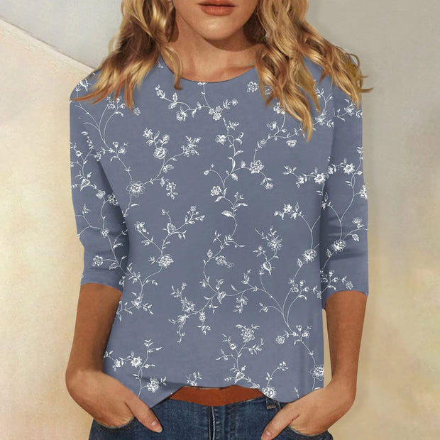 2024 Women Summer Tops Comfortable T Shirt Fashion Flower Print Round Neck 3/4 Sleeve Tops Soft Versatile Pullover Ropa De Mujer