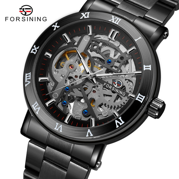 Forsining Official Automatic Mechanical Skeleton Watch Men Stainless Steel Skeleton Luminous Hands Military Business Waterproof