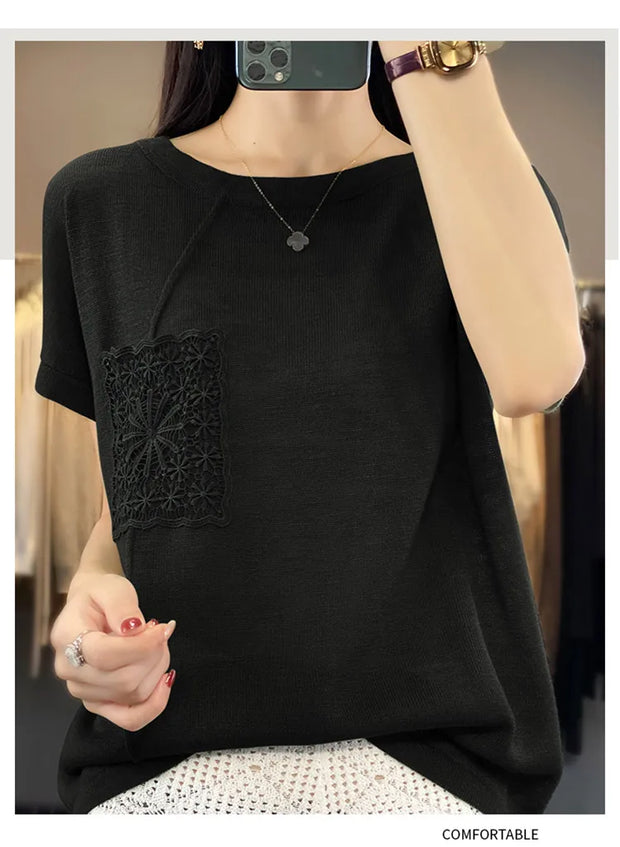 Women's T-shirt Spring/Summer Worsted Cotton Knitwear Casual Solid Color Ladies' Tops Loose Round Neck Blouse Pullover Tees