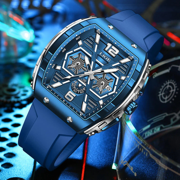 LIGE Mens Watches Top Brand Luxury Square Silicone Watch For Men Fashion Military Quartz Waterproof Chronograph Montre Homme