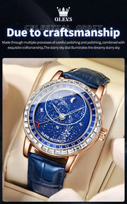 OLEVS Original Men's Automatic Mechanical Watch Fashion Business Leather Strap Luxury Diamond Starry Sky Moon Phase Men's Watch