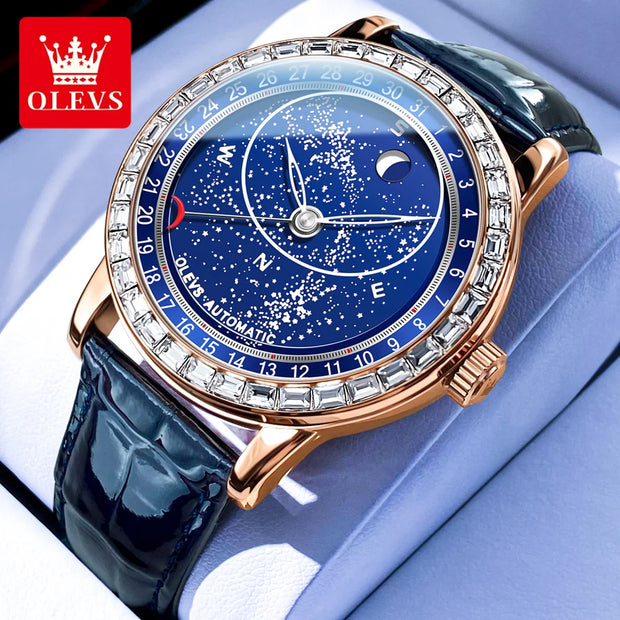 OLEVS Original Men's Automatic Mechanical Watch Fashion Business Leather Strap Luxury Diamond Starry Sky Moon Phase Men's Watch