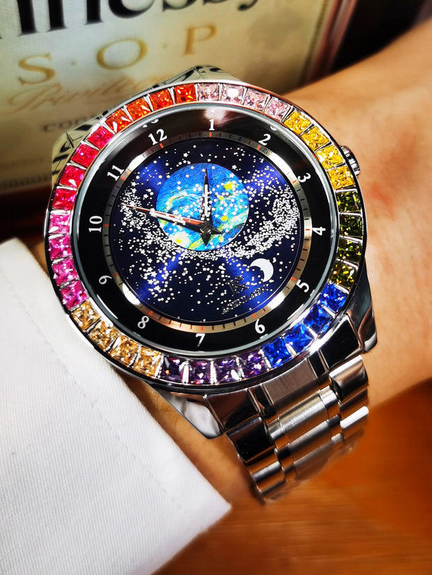 Luxury Brand Mechanical Watch for Men Rotating Star Dial Fashion Rainbow Case Automatic Watches Genuine Leather Strap Wristwatch