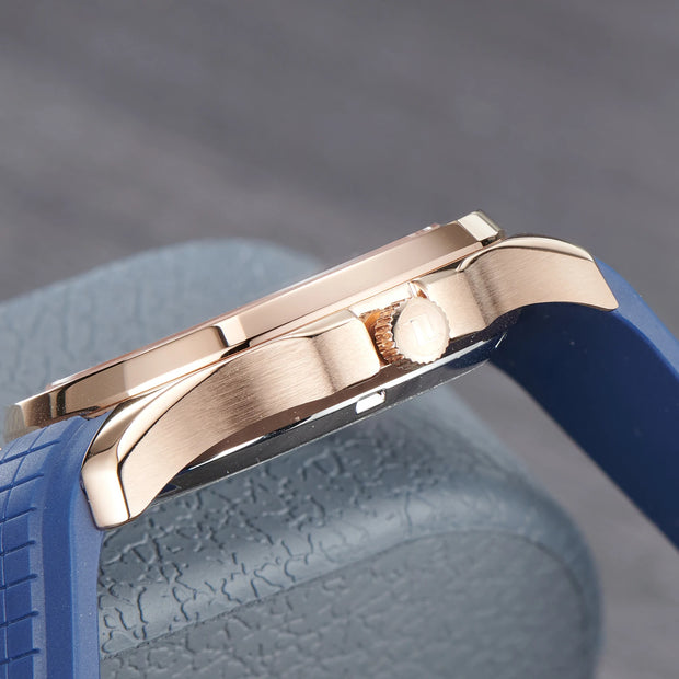OBLVLO Trend Luxury Rose Gold Diamond Date Mechanical Automatic Watches For Men Blue Silicone Strap Waterproof Sport Watch FM-SL