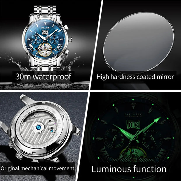 OLEVS 9965 Mens Watch Classic Hollow Out Automatic Mechanical Watch Original Movement Waterproof Luminous Calendar Year Moon