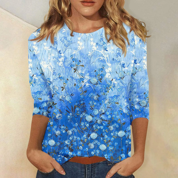 2024 Women Summer Tops Comfortable T Shirt Fashion Flower Print Round Neck 3/4 Sleeve Tops Soft Versatile Pullover Ropa De Mujer