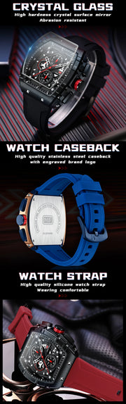MINI FOCUS Chronograph Quartz Watch for Men Tonneau Dial Military Sport Wristwatch Male with Orange Silicone Strap Auto Date