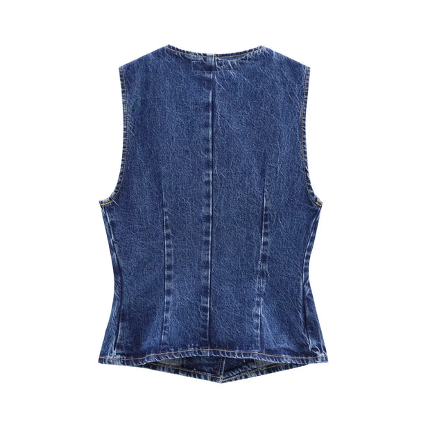 TRAF 2024 Women's Short Vest Autumn Fashion Blue Denim Vest Top Lady Casual Cropped Sleeveless Jacket Streetwear New Waistcoats