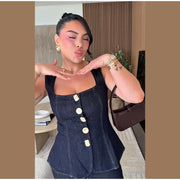 Vintage Women's Denim Sleeveless Set Crop Top With Chic Buttons Matching High Waist Slim Fit Jeans Casual Streetwear Outfits
