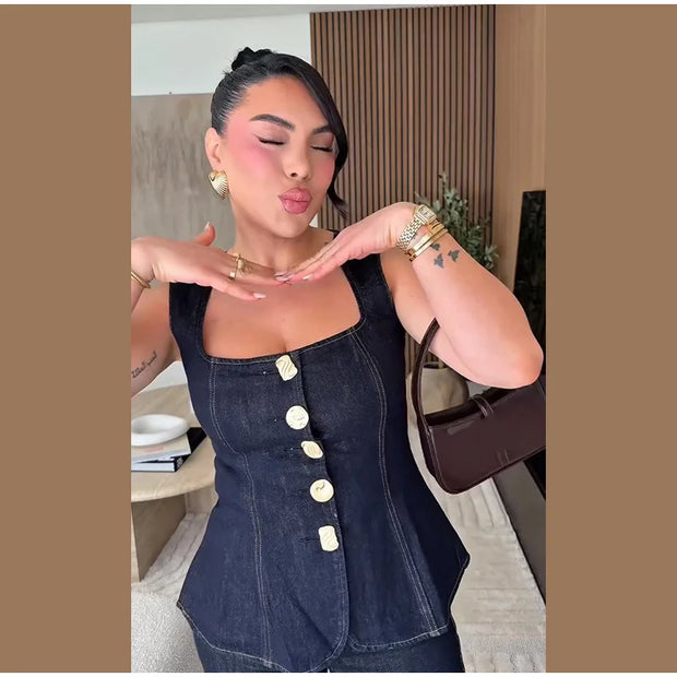 Vintage Women's Denim Sleeveless Set Crop Top With Chic Buttons Matching High Waist Slim Fit Jeans Casual Streetwear Outfits
