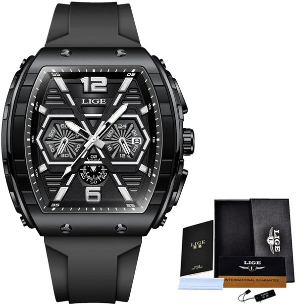 LIGE Mens Watches Top Brand Luxury Square Silicone Watch For Men Fashion Military Quartz Waterproof Chronograph Montre Homme