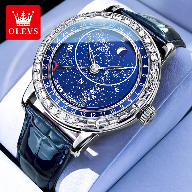 OLEVS Original Men's Automatic Mechanical Watch Fashion Business Leather Strap Luxury Diamond Starry Sky Moon Phase Men's Watch
