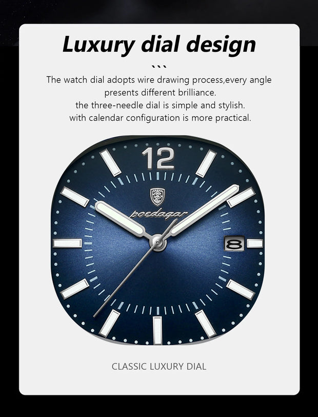 POEDAGAR Luxury Square Man Quartz Watch Waterproof Luminous Date Men's Watch High Quality Stainless Steel Business Men Watches