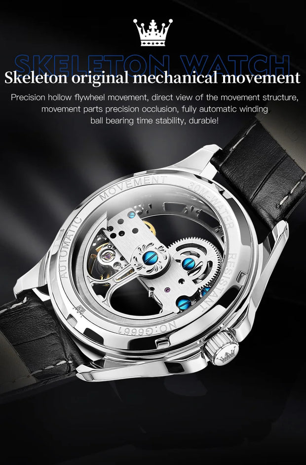 OLEVS 6661 Fully Hollow Automatic Man Watch Fashion Leather Strap Waterproof Luminous Hand Clock Men's Mechanical Wristwatches