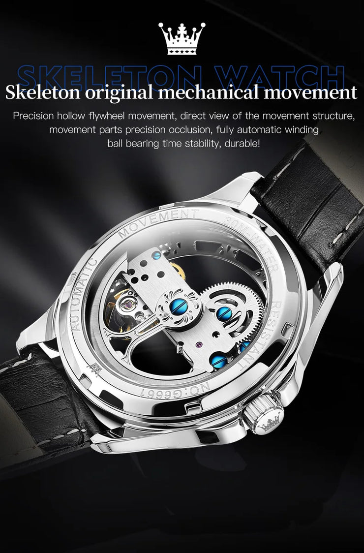 OLEVS 6661 Fully Hollow Automatic Man Watch Fashion Leather Strap Waterproof Luminous Hand Clock Men's Mechanical Wristwatches