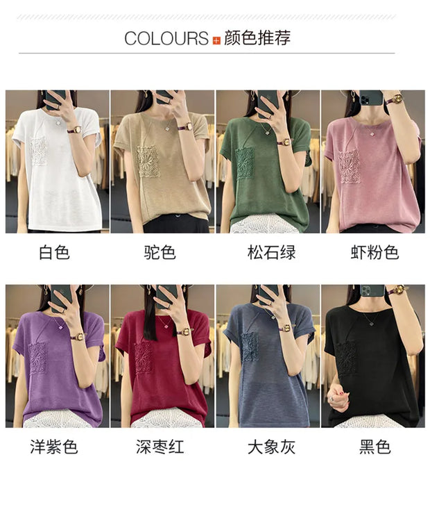 Women's T-shirt Spring/Summer Worsted Cotton Knitwear Casual Solid Color Ladies' Tops Loose Round Neck Blouse Pullover Tees