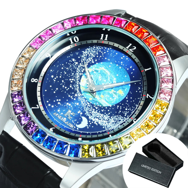 Luxury Brand Mechanical Watch for Men Rotating Star Dial Fashion Rainbow Case Automatic Watches Genuine Leather Strap Wristwatch