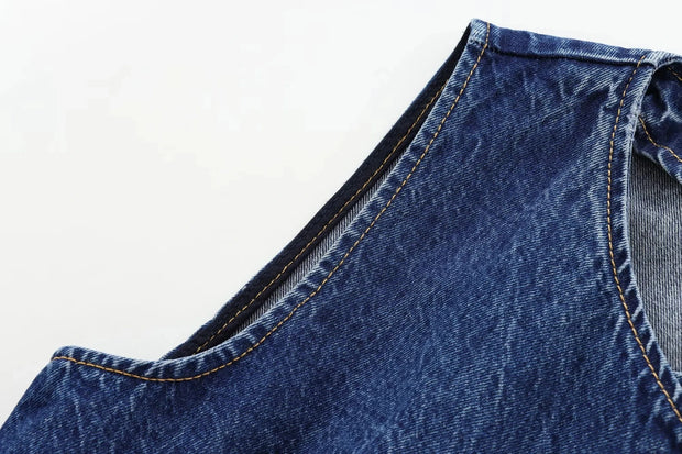 TRAF 2024 Women's Short Vest Autumn Fashion Blue Denim Vest Top Lady Casual Cropped Sleeveless Jacket Streetwear New Waistcoats