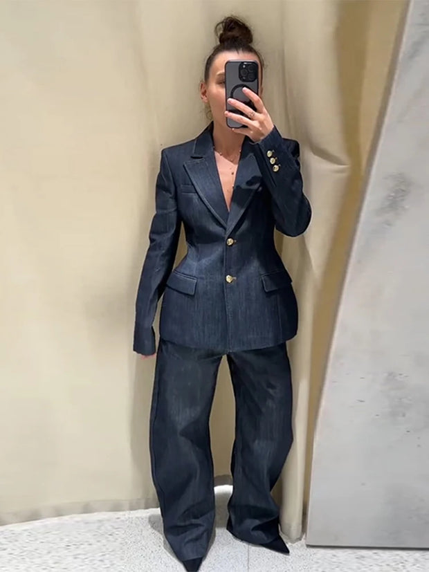 RARA Women's Denim Suit Set with Deep V Corset Blazer and Wide Leg Pants Stylish for Urban Fashion and Formal Occasions