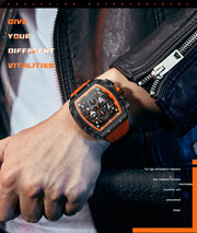 MINI FOCUS Chronograph Quartz Watch for Men Tonneau Dial Military Sport Wristwatch Male with Orange Silicone Strap Auto Date