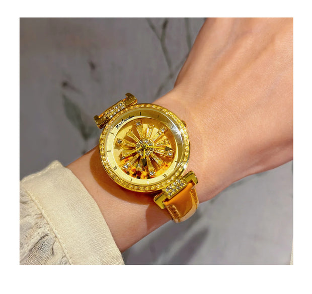 Sunflower Rotation Dial Quartz Women Watch Genuine Leather Strap Antique Watch