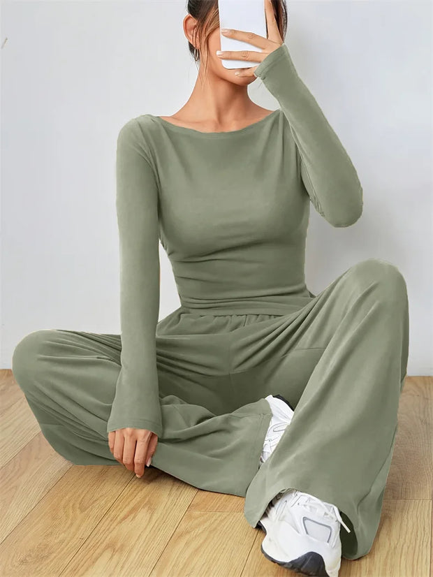 Women's Two-piece Wide Leg Pants Fashion Set Irregular Short Top Women's Clothing Yoga Exercise Set Спортивный Костюм Женский