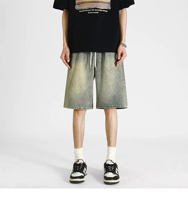 Men's denim shorts, men's 2025 summer thin style retro loose American fashion brand casual five inch mid length pants