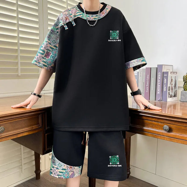 Summer Men's  Sets Mens Trend Casual Tracksuit Print Short Sleeve T-shirt+shorts Two Pieces Suit Mens Sportswear set