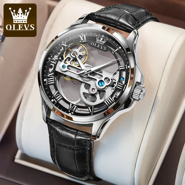 OLEVS 6661 Fully Hollow Automatic Man Watch Fashion Leather Strap Waterproof Luminous Hand Clock Men's Mechanical Wristwatches
