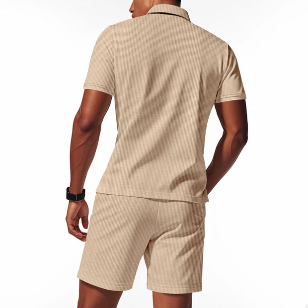 Men's Summer Sports Solid-Color Set, Quarter-Zipper Set, 2-Piece Beach Vacation Set, Men's Fashionable Casual Workwear Set.