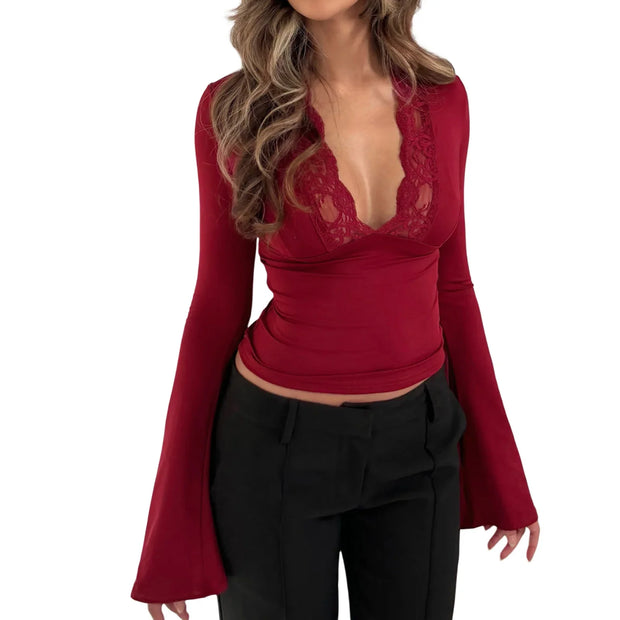 Women Fall Tops  Lace Trim Deep V Neck Bell Sleeve Crop Shirt Casual Streetwear