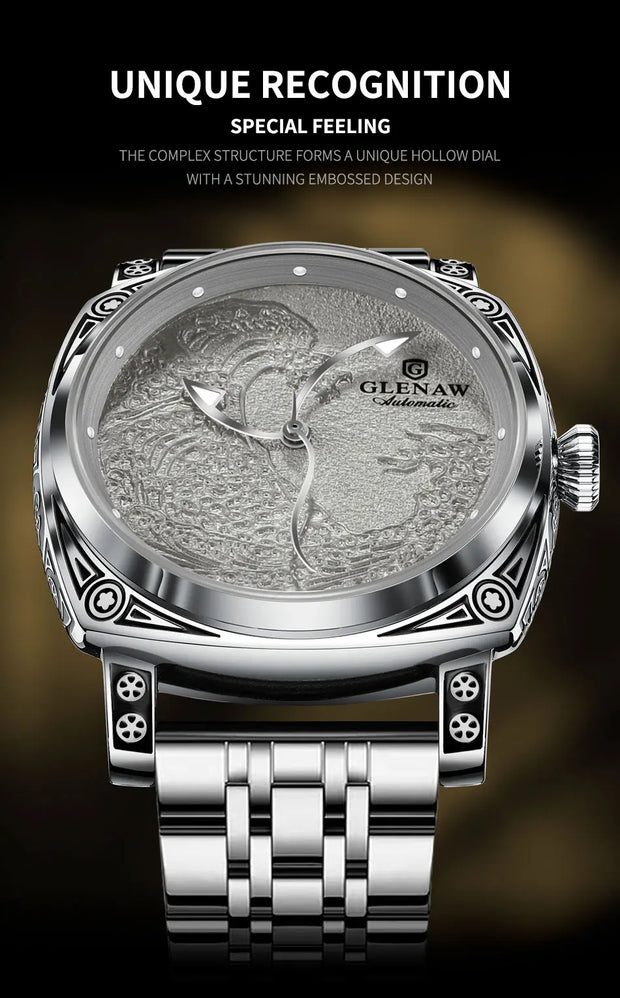 GLENAW  Mechanical Wristwatch Watches Men Surfing Sailboat Pointer Luminous Transparent Skeleton Mechanical Leather Male Clock