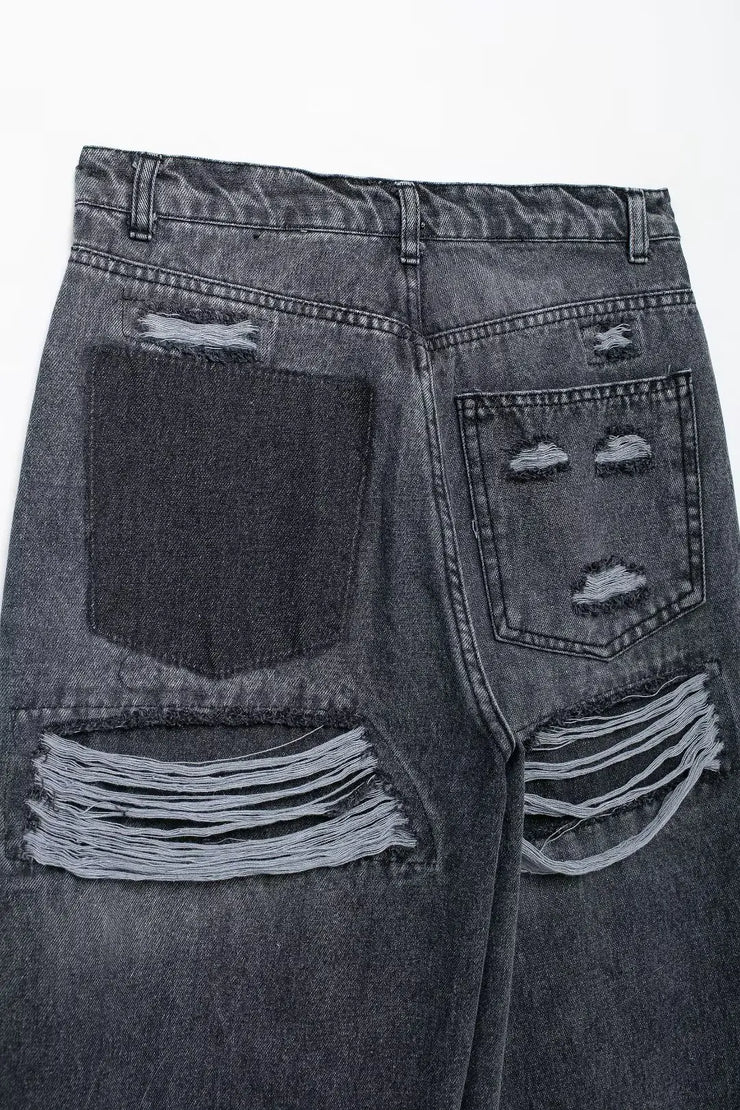 TRAFZA Jeans For Women 2024 Denim Solid Loose Zipper Fly Female Hole Trouser Pockets Wild Basic Commute Woman Wide Leg Long Pant